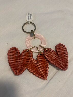 Anthropologie Coral Woven Heart Keyring with Pink Ring